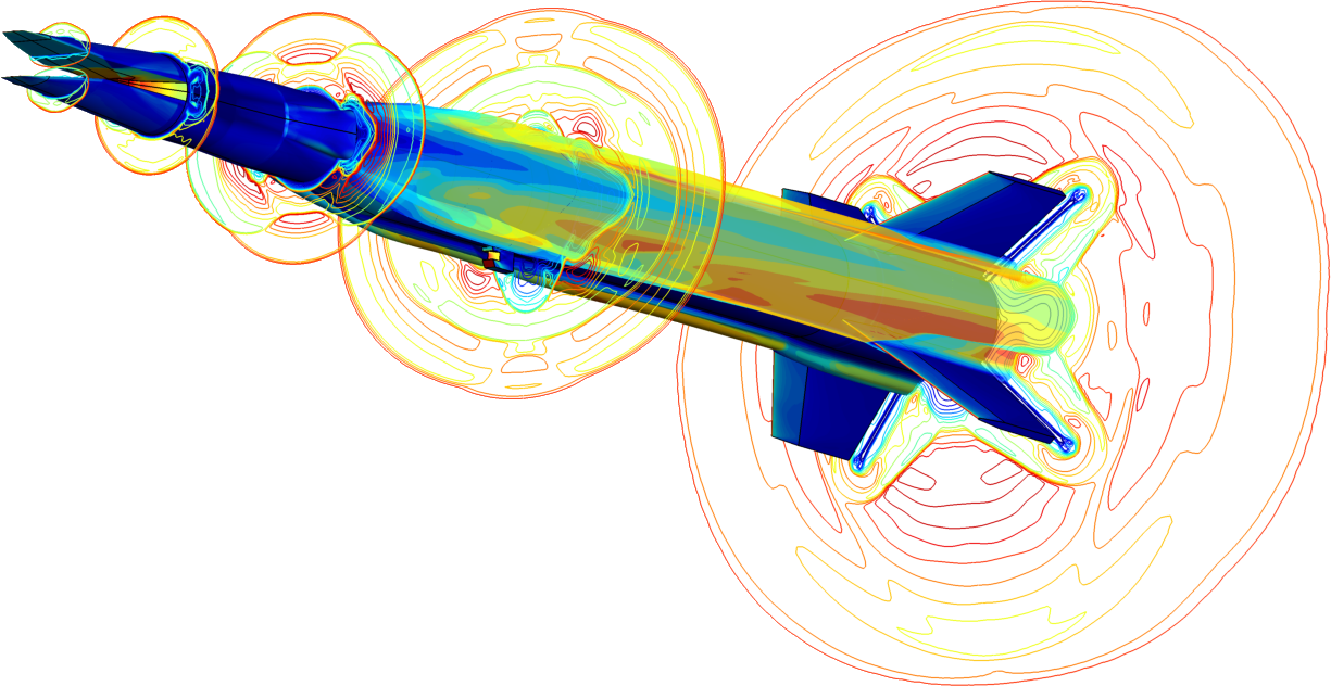 Mach number and surface pressure contours from a HIFiRE flight 2 tare simulation